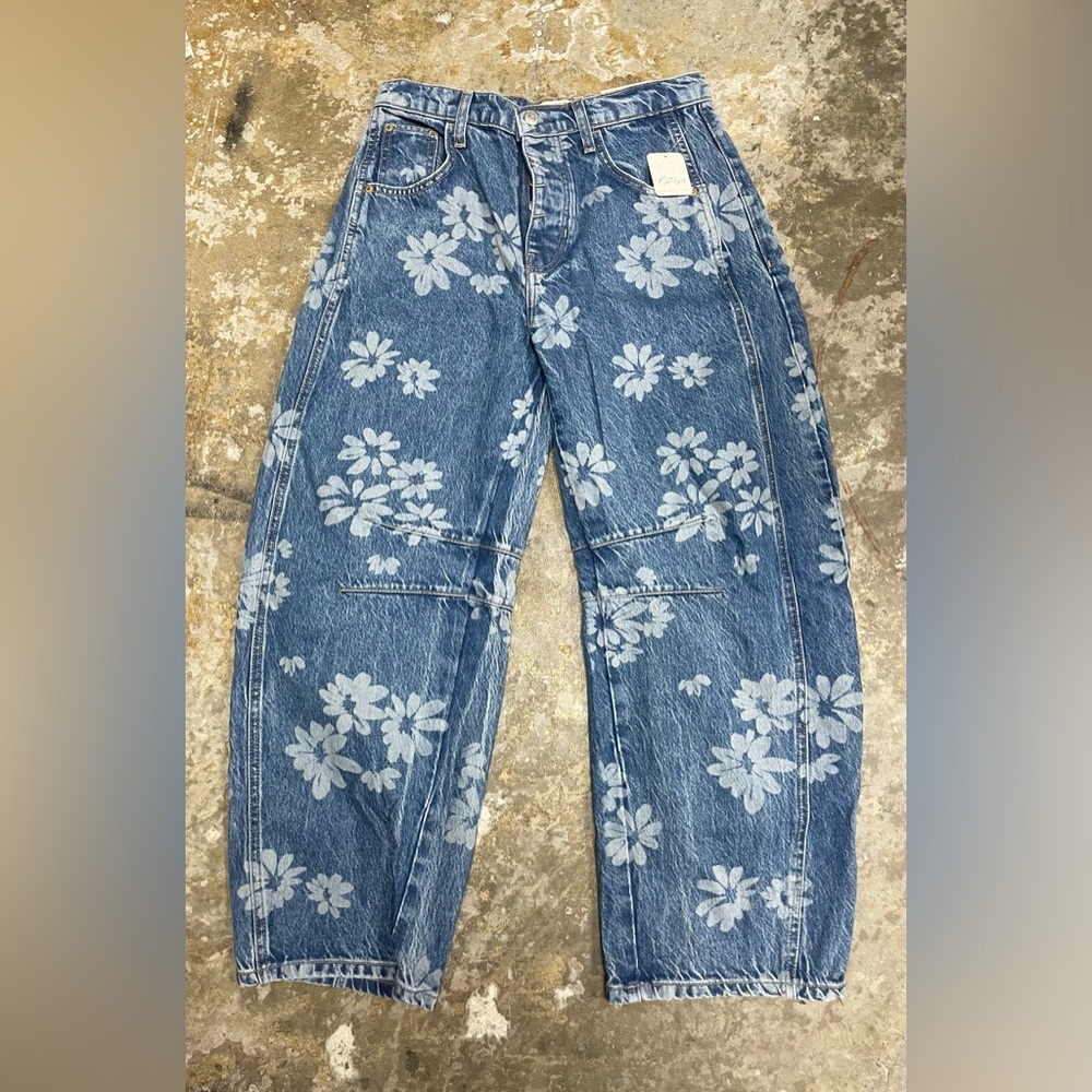 Free People Good Luck Women's Size 25 Laser Daisy Denim Barrel Jeans NWT